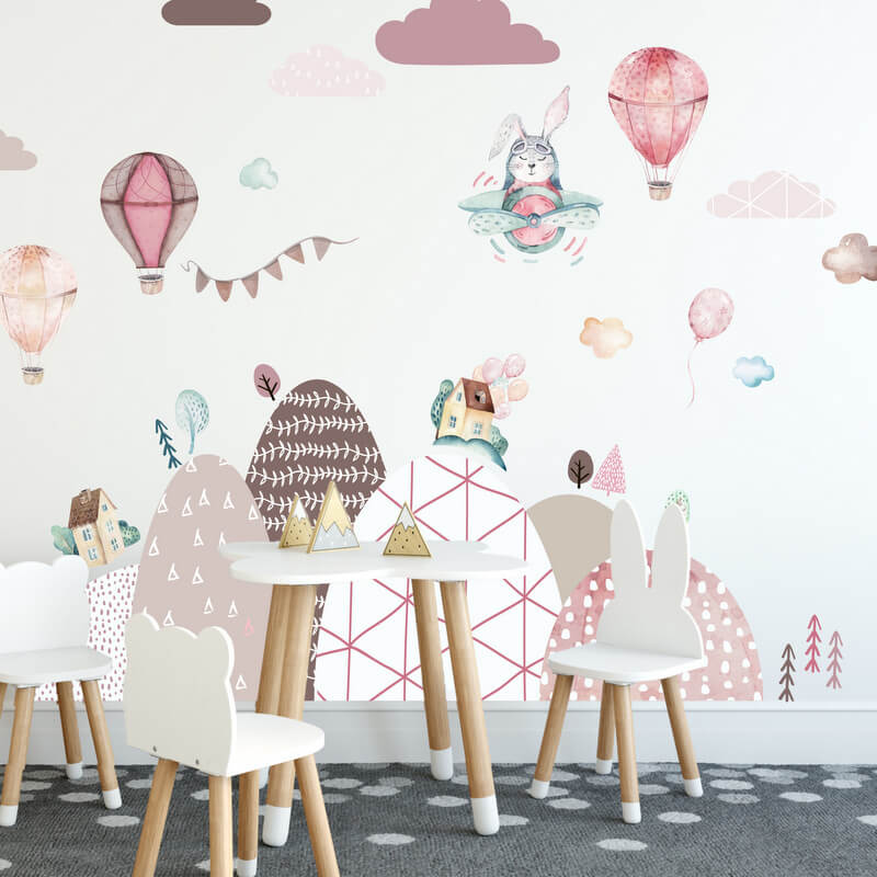Zidne naljepnice - brda i baloni u ružičastoj boji