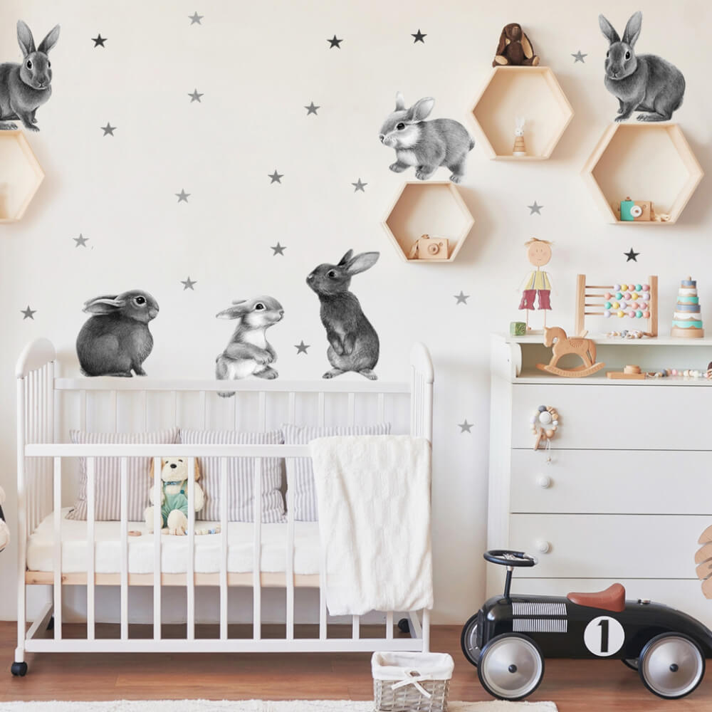 Zidne naljepnice - sivi zečići za dječju sobu
